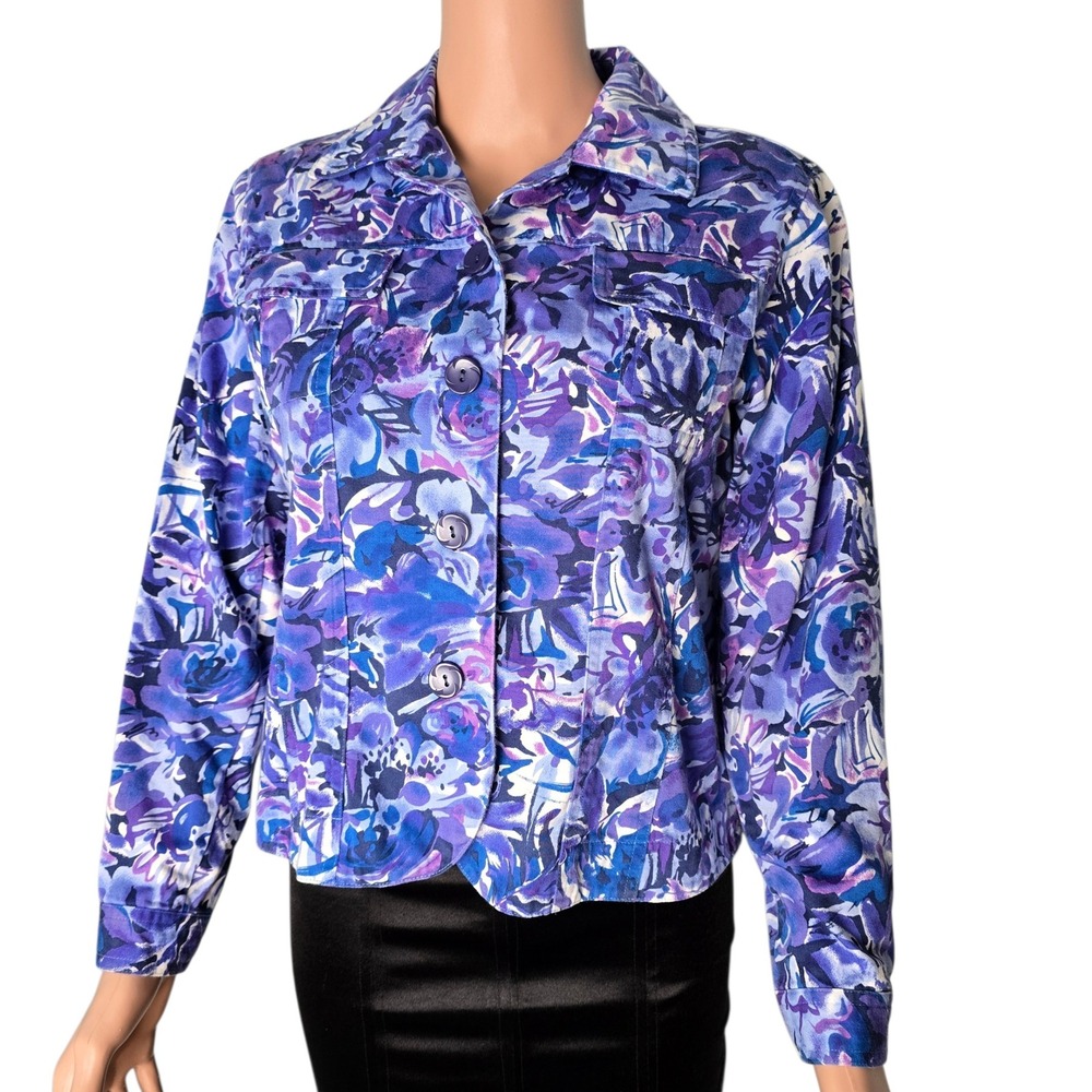Coldwater Creek Petite Small Purple‎ Blue Floral Cotton Button Front Jacket